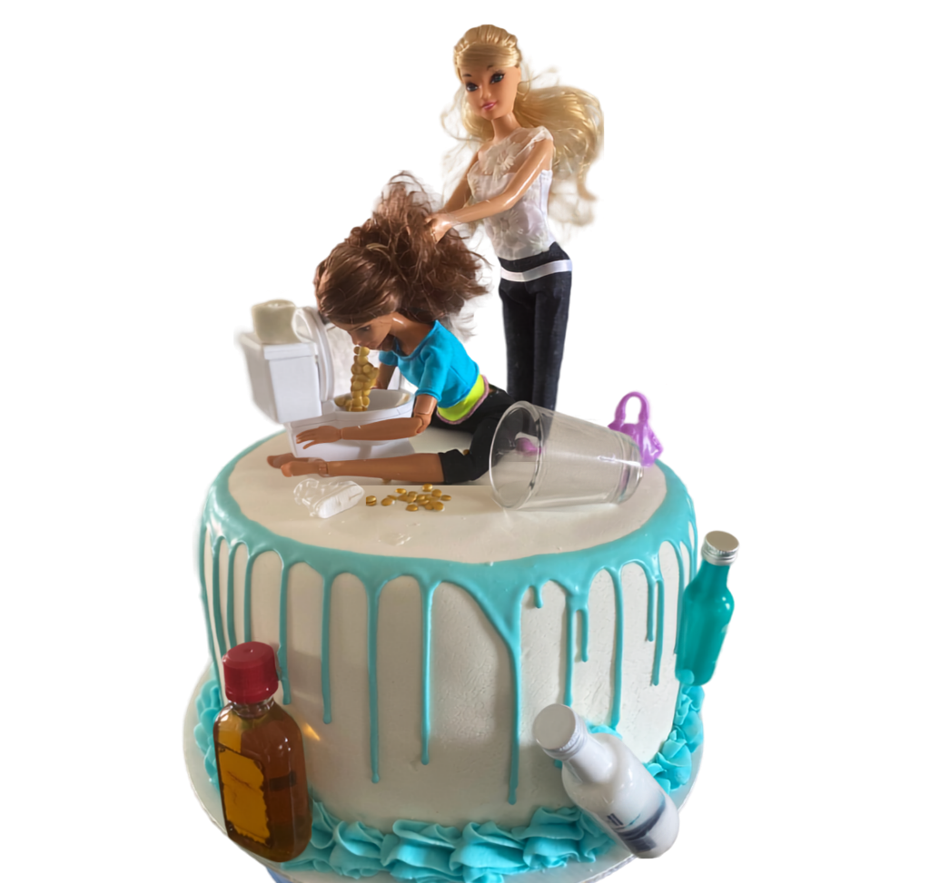 White drip cake with teal frosting, topped with dolls and ringed with mini liquor bottles for a 21st birthday