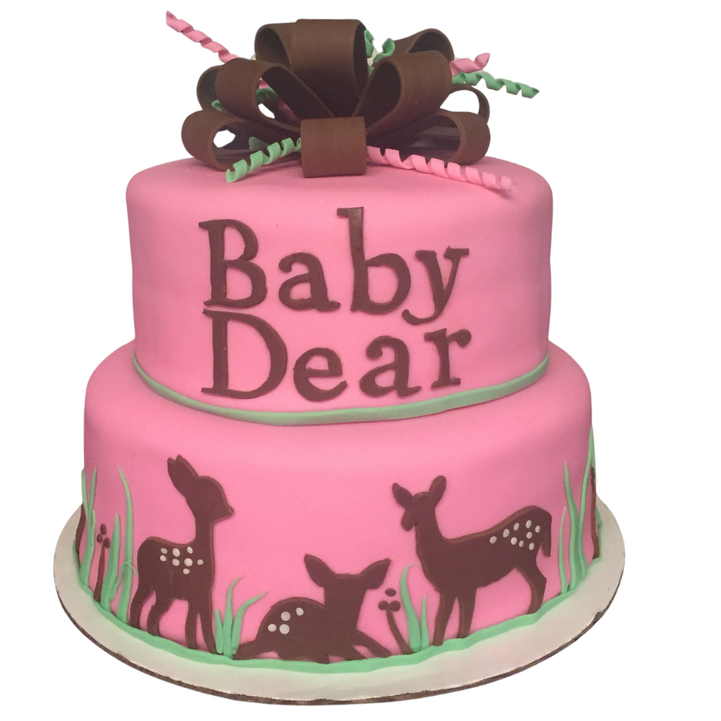 Two tier pink fondant baby shower cake with brown deer silhouettes and a fondant bow
