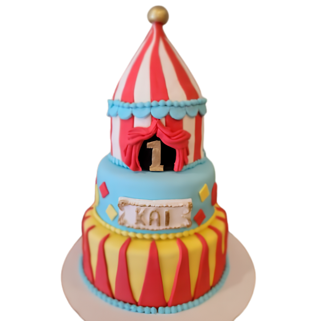 Three tier circus cake topped with a red and white big top tent