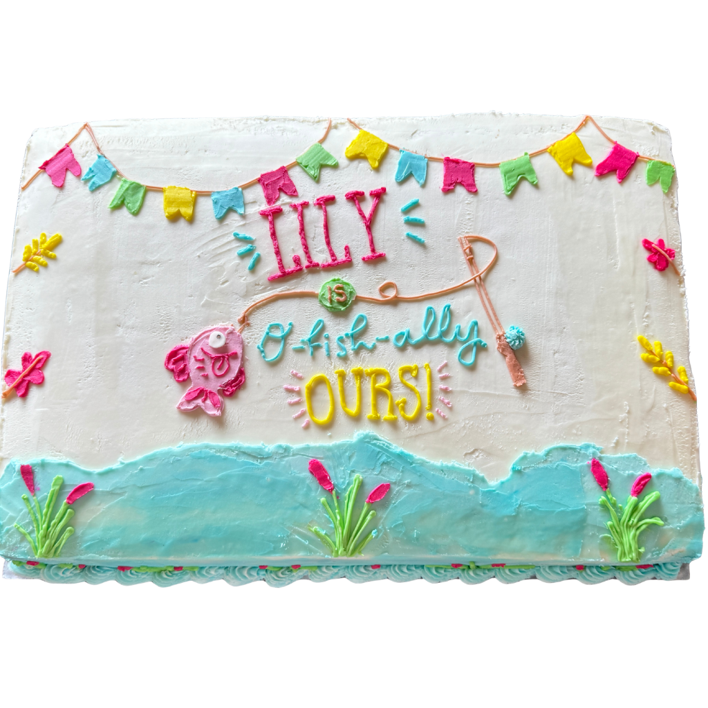 Buttercream sheet cake with hand-piped fishing theme, banners and lettering