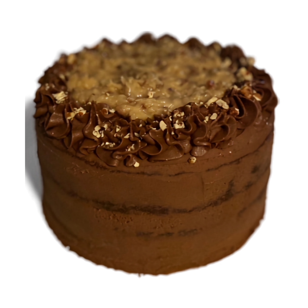 German chocolate layer cake with coconut pecan topping, piped rosettes and chopped nuts