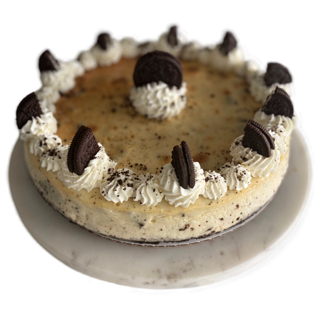 Whole cookies and cream cheesecake ringed with piped cream and chocolate sandwich cookies