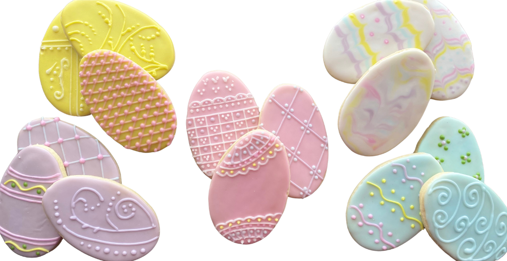 Pastel Easter egg cookies in pink, purple, yellow and blue with piped patterns