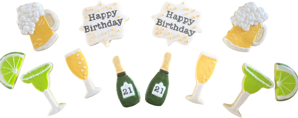 21st birthday cookies shaped like champagne bottles, margarita glasses and beer mugs