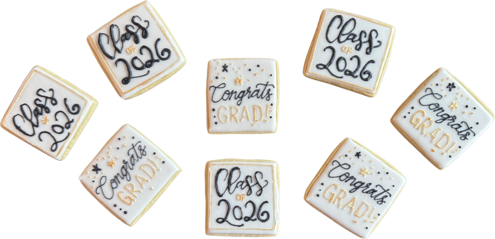 Graduation cookies reading Class of 2026 and Congrats Grad in black and gold