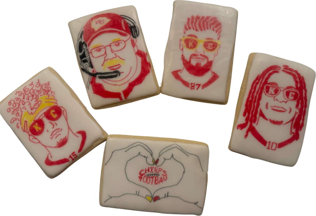 Chiefs cookies hand drawn with player and coach portraits in red icing