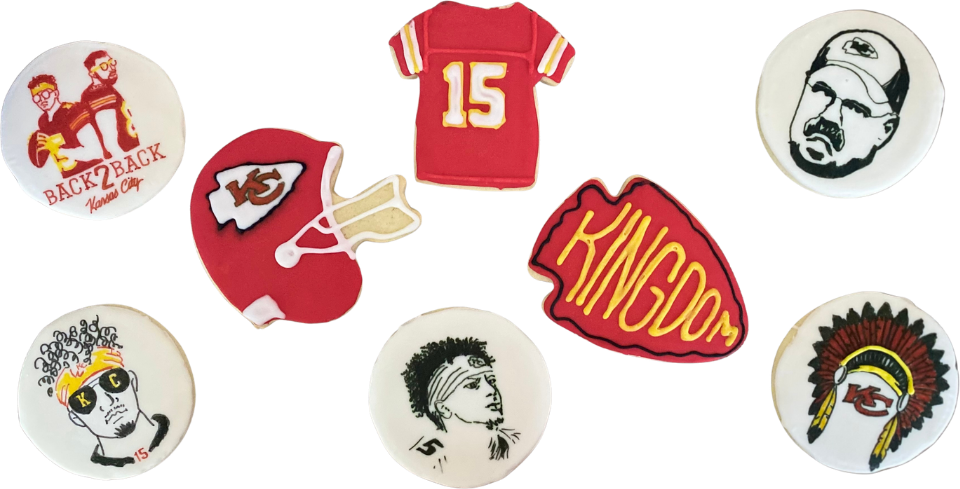 Round Chiefs cookies with player portraits, a helmet, a jersey and a Kingdom arrowhead
